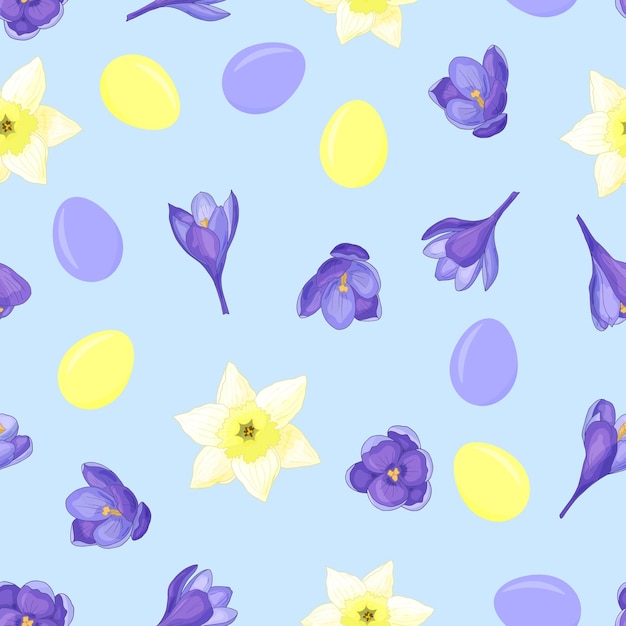 seamless pattern with Easter eggs in pastel colors and spring flowers