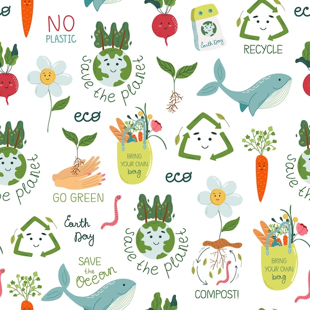 Vector seamless pattern with eco and healthy life symbols environmental conservation earth day concept