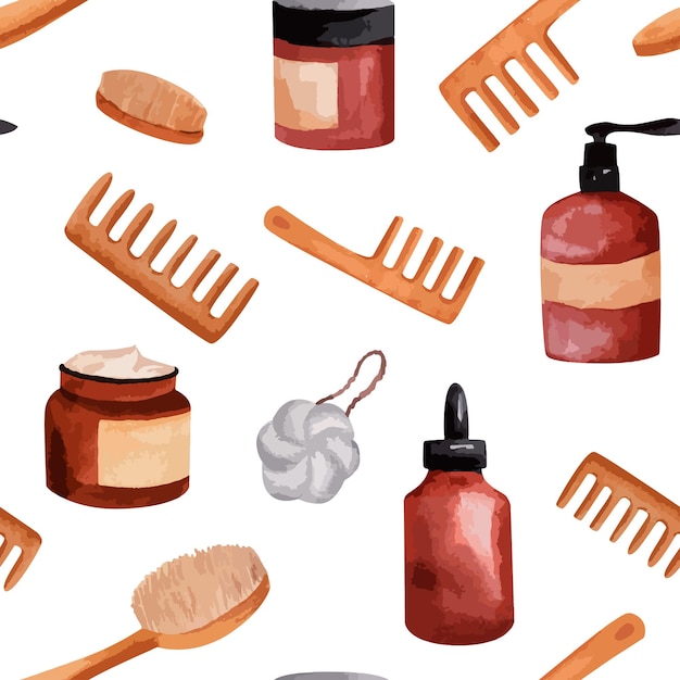 Seamless pattern with ecofriendly personal care items watercolor illustrations set of spa objects