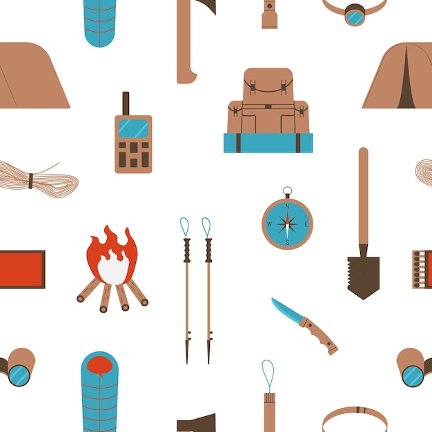 Seamless pattern with elements of camping equipment. Flat style. Vector illustration