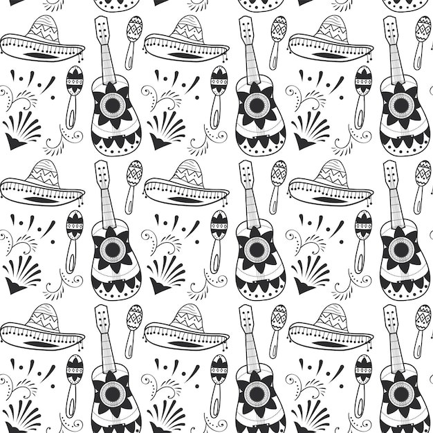 Seamless pattern with elements of Mexican culture . Contour image of Mexican musical instruments. Guitar, maracas, hat and floral ornaments.Print on paper or background image for layouts.