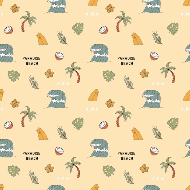 Seamless pattern with elements for surfing Palm trees waves and surf boards in the doodle style