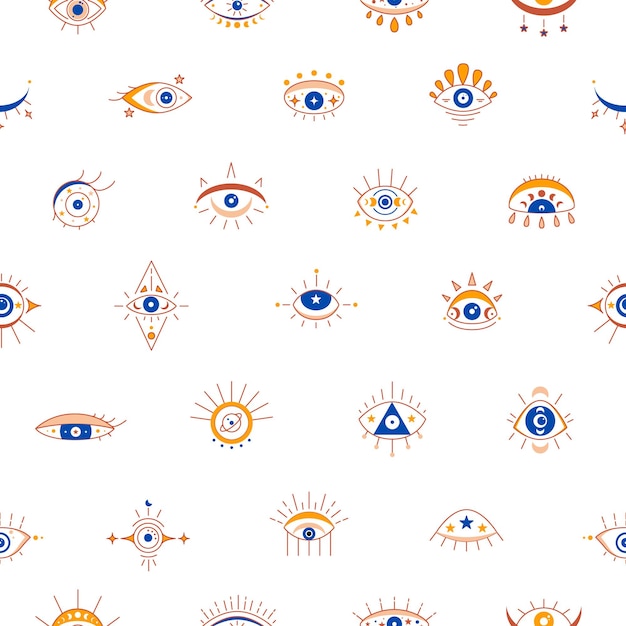 Seamless pattern with esoteric celestial symbol of evil eye with moon phases moon. Hamsa magical eye, decor element. Vector illustration