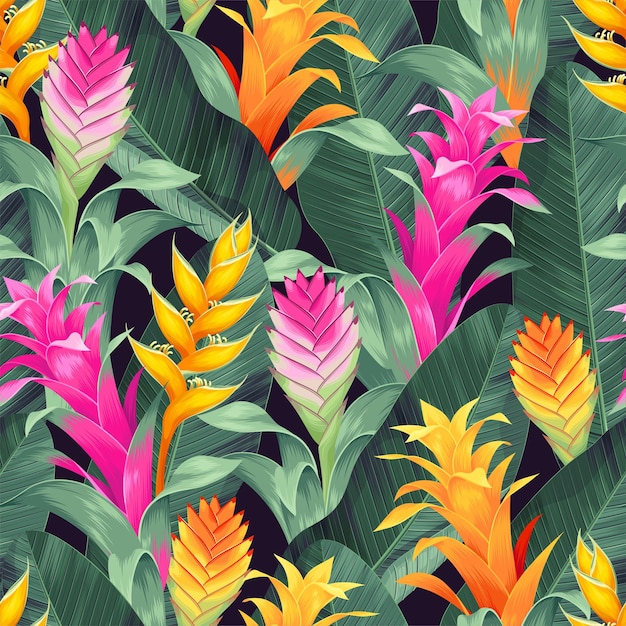 Seamless pattern with exotic flowers and leaves