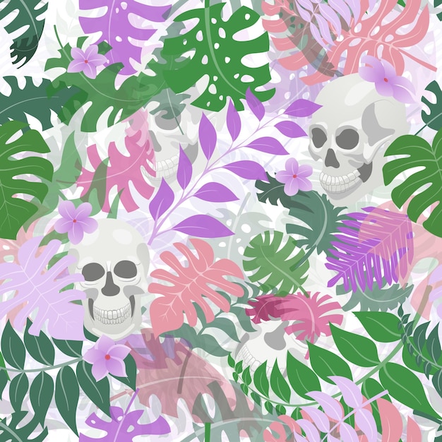 Seamless pattern with exotic jungle plants and human skulls Tropical palm leaves and flowers Illustration for Mexican holiday Day of the Dead Dia de los Muertos multicolored on white background