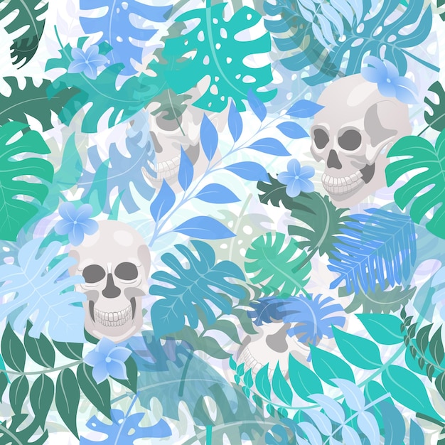 Seamless pattern with exotic jungle plants and human skulls Tropical palm leaves and flowers Illustration for Mexican holiday Day of the Dead Dia de los Muertos multicolored on white background