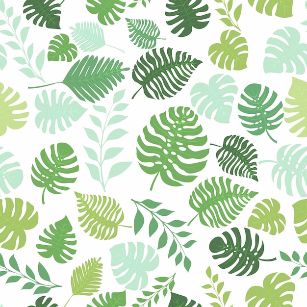 Seamless pattern with exotic jungle plants. Tropical palm leaves. Rainforest illustration, in green colors.