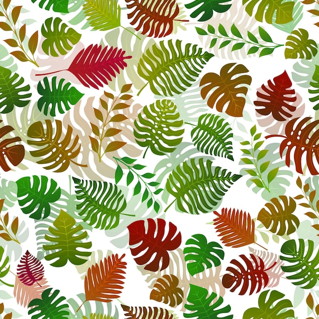 Seamless pattern with exotic jungle plants. Tropical palm leaves. Rainforest illustration, multicolored on white background.