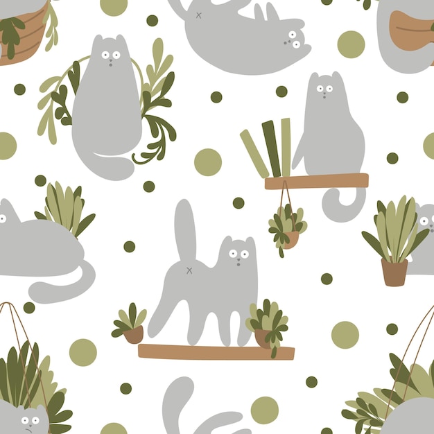 Seamless pattern with fanny cats character and plants Vector character cute kitten Cozy home with plants and gray cat Cartoon Animals Background Vector Illustration