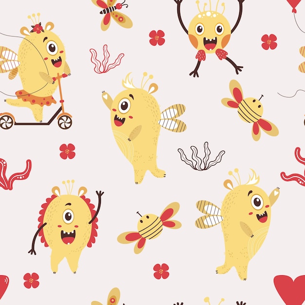 Seamless pattern with fantastic monsters Cute yellow monsters girl on scooter and boy with hairdo