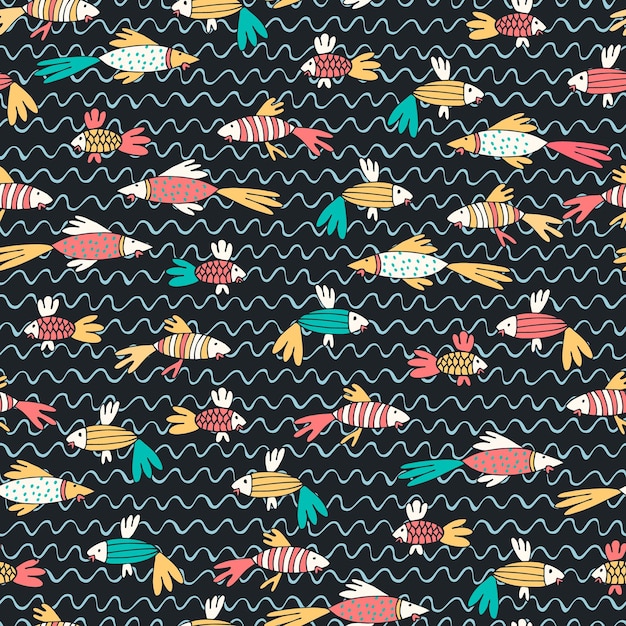 Seamless pattern with fantasy tropical fish in cartoon style Wallpaper backgound for kids