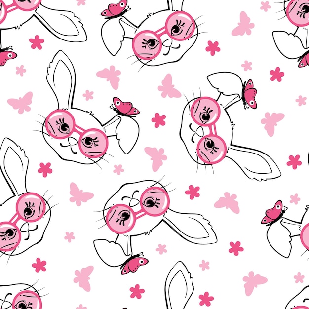 Seamless pattern with fashion bunny girl with glasses isolated on white background