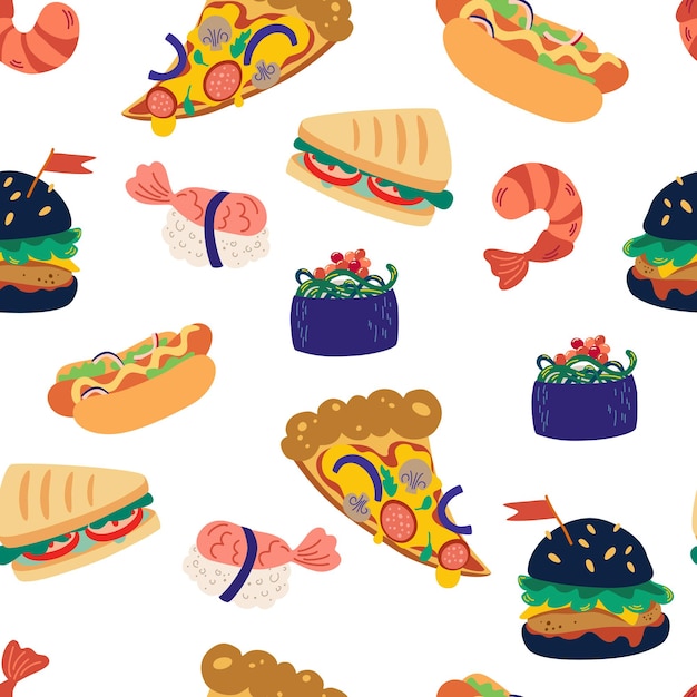 Seamless pattern with fast food. Burger, pizza, sushi, shrimp and sandwich. Tasty Unhealthy Meals. Design Element for Website, Cooking Book, Restaurant Menu, Wrapping Paper. Vector Illustration