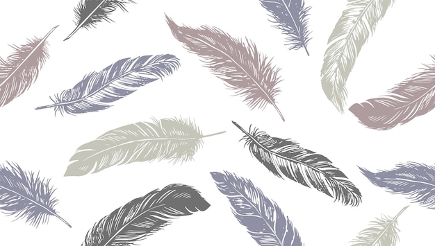 A seamless pattern with feathers on a white background.