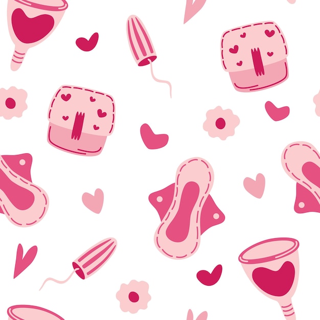 Vector seamless pattern with feminine hygiene items. wallpaper with menstruation, tampons, pads, menstrual cups. for fabric, wrapping paper, background, surface and textile design. menstruation. vector