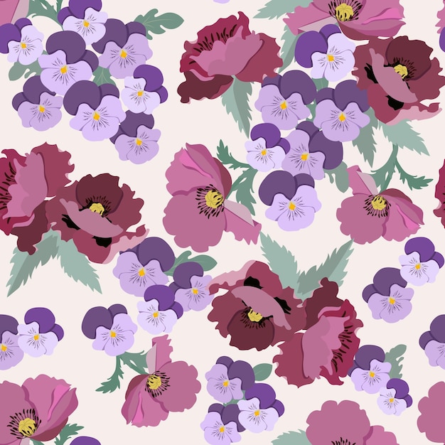 Seamless pattern with field pansies and poppies