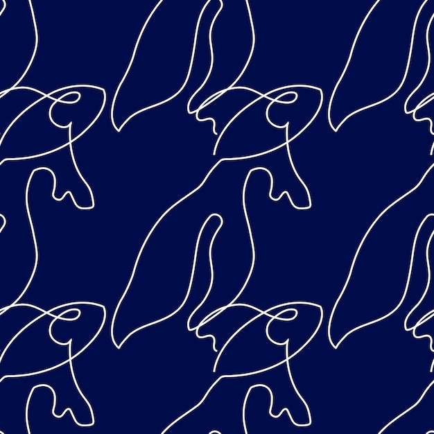 Seamless pattern with fish illustration in line art style on dark blue background