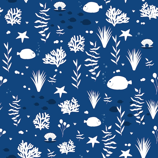 Seamless pattern with fishes starfishes corals and seaweeds Marine background