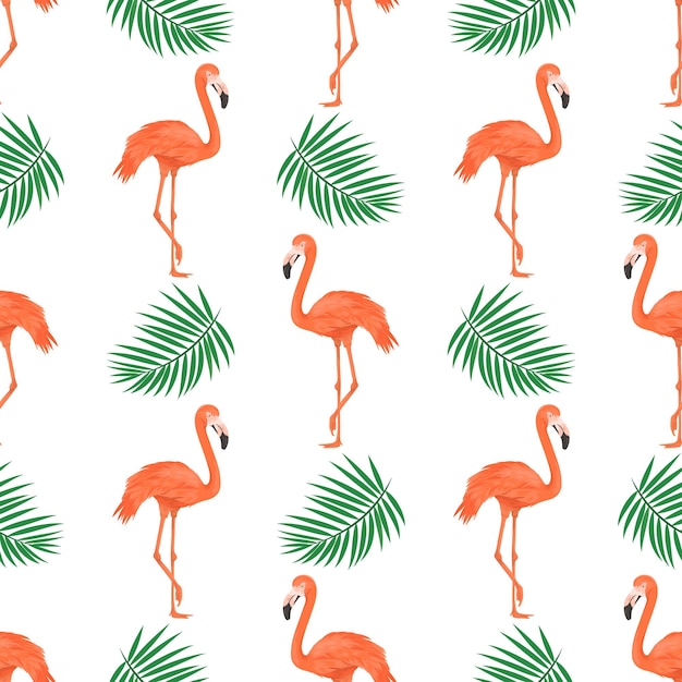 Seamless Pattern with Flamingo Bird and Tropical Leaves Repeated Tropical Background Flat Vector Illustration Africa Savannh Exotic Summer Flamingo Pattern Tropic Concept