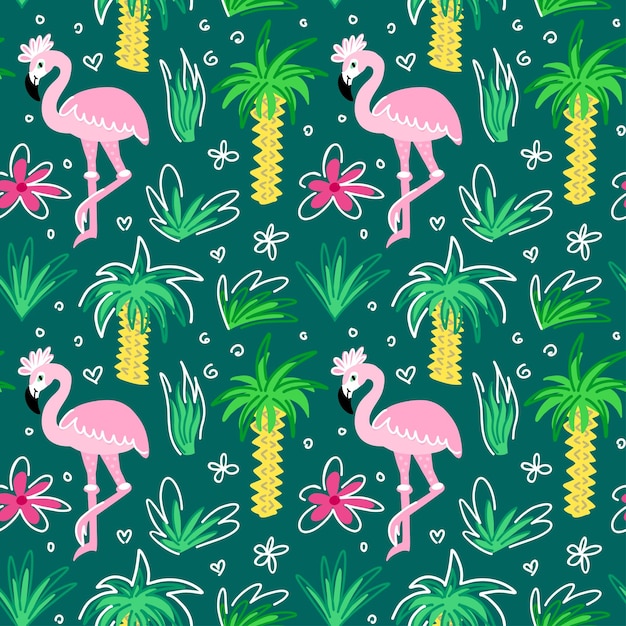 Seamless pattern with flamingos in the tropics among palm trees and flowers