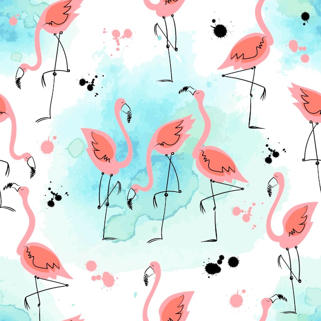 Seamless pattern with flamingos on a watercolor background Summer motifs Vector