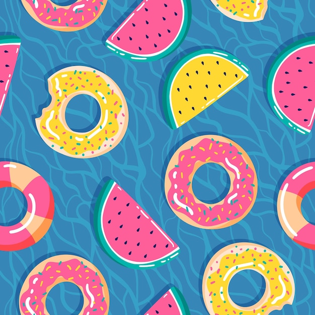 Seamless pattern with floating elements of a summer pool in a cartoon style Rubber donutwatermelon