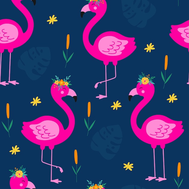 Seamless pattern with floral pink flamingo Cartoon vector background with flamingo