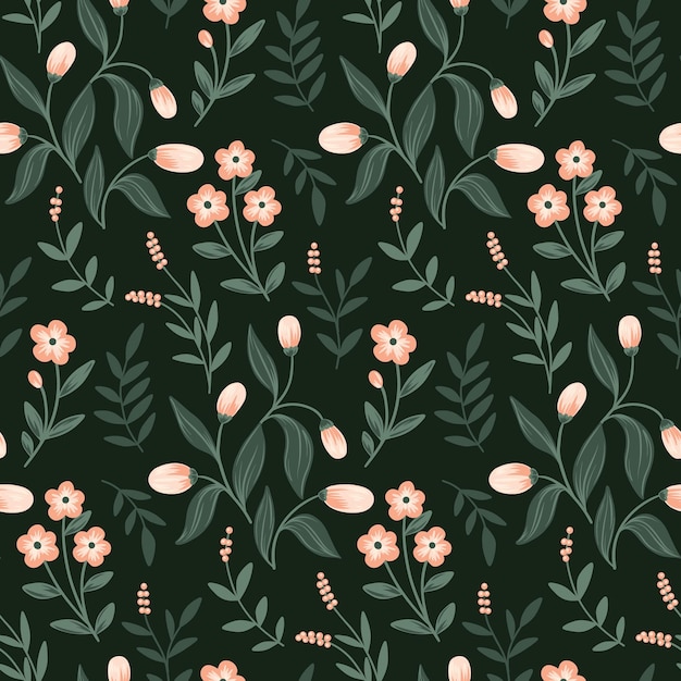 Seamless pattern with flower arrangement Floral pattern with small pink flowers berries and leaves on a dark green background Modern floral print Vector illustration