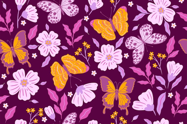 Seamless pattern with flowers and butterflies in purple and yellow tones