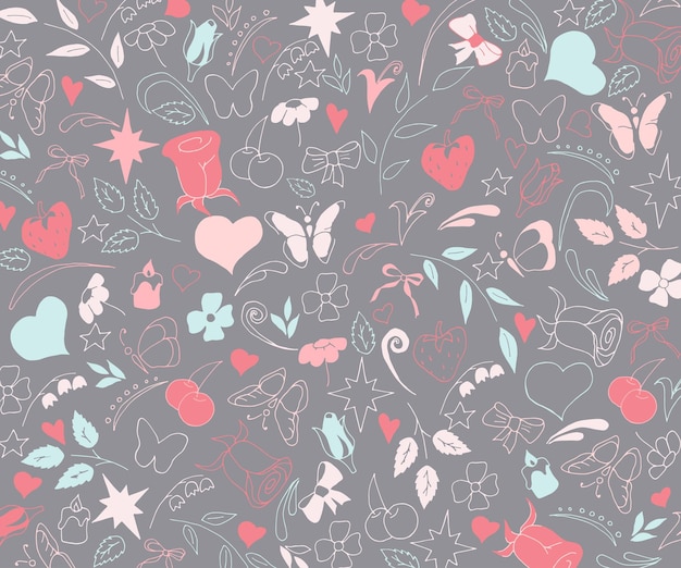 Seamless pattern with flowers candles hearts and strawberries. Hand-drawn doodles.