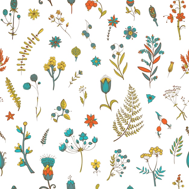 Seamless pattern with flowers and herbs