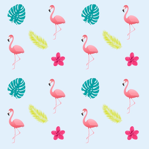 Seamless Pattern With Flowers And Leaves And Flamingo