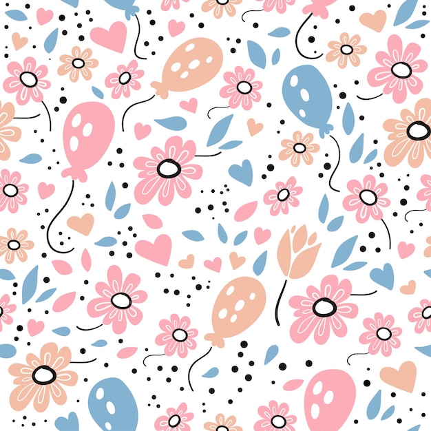 Seamless pattern with flowers, leaves and hand drawn elements.