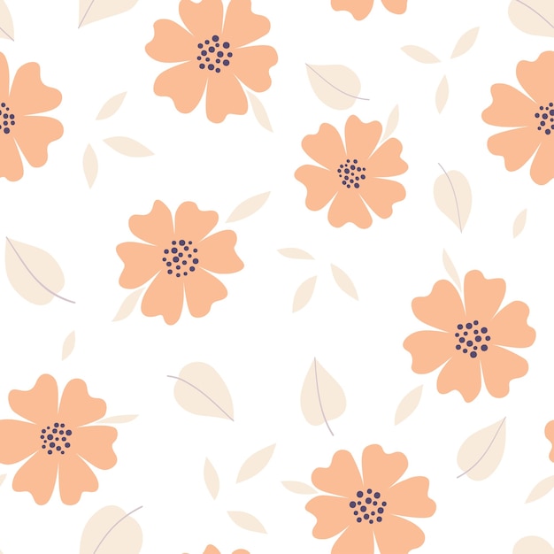 Seamless pattern with flowers and leaves in rustic style Peach and violet colors floral background