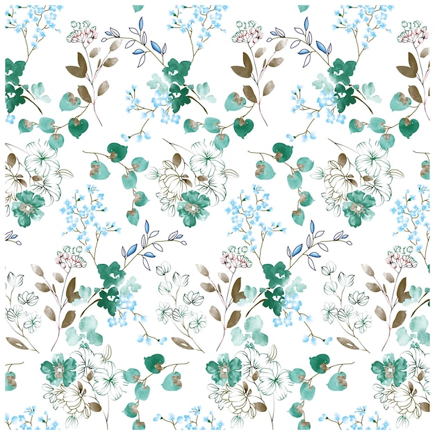 A seamless pattern with flowers and leaves on a white background.