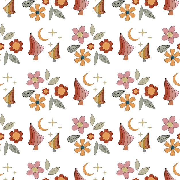 Seamless pattern with flowers and mushrooms. Retro pattern. 70s, 60s, 50s.