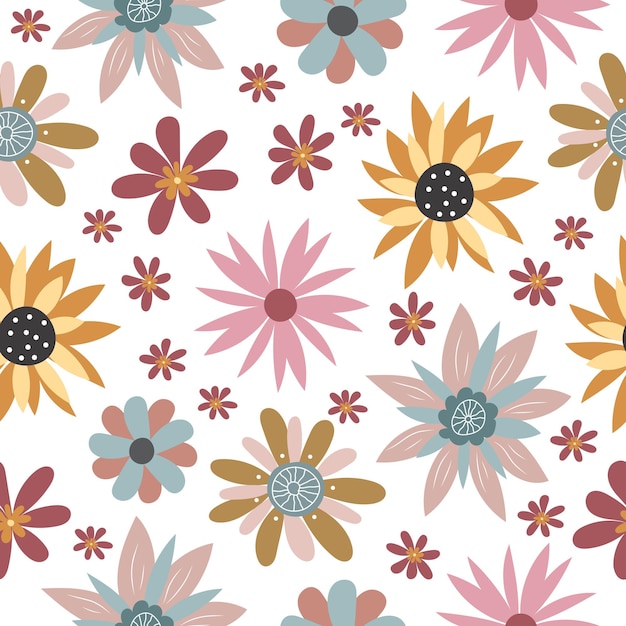 Seamless pattern with flowers Pattern in the style of the 70s Cute flowers in a flat style