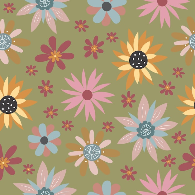 Seamless pattern with flowers Pattern in the style of the 70s Cute flowers in a flat style