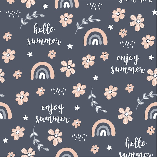 seamless pattern with flowers and rainbows hand drawn.