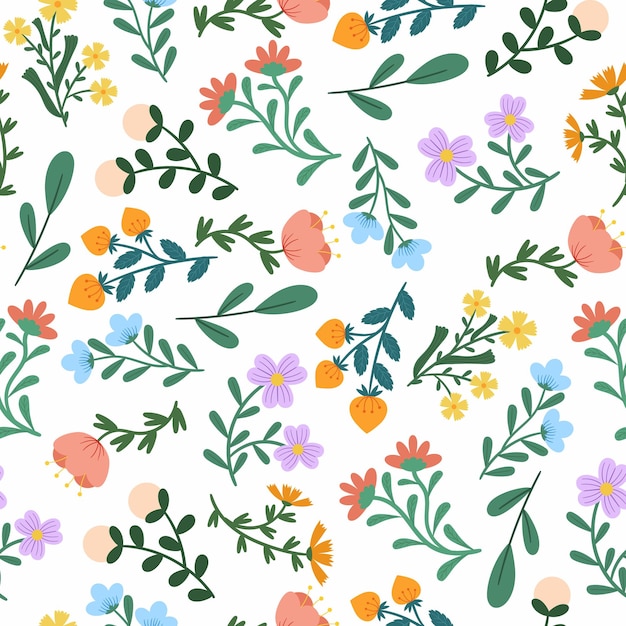 Seamless Pattern with Flowers Repeated Ornament with Cute Simple Flat Blossoms on White Backdrop Tile Botanical Design