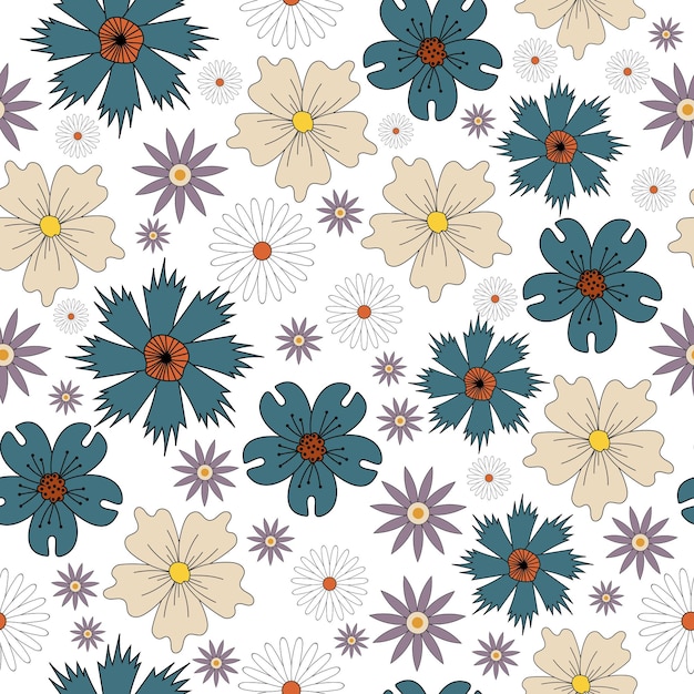 Seamless pattern with flowers. Retro pattern in 70s style. Vector.