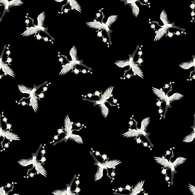 Seamless pattern with flowers and white Japanese cranes