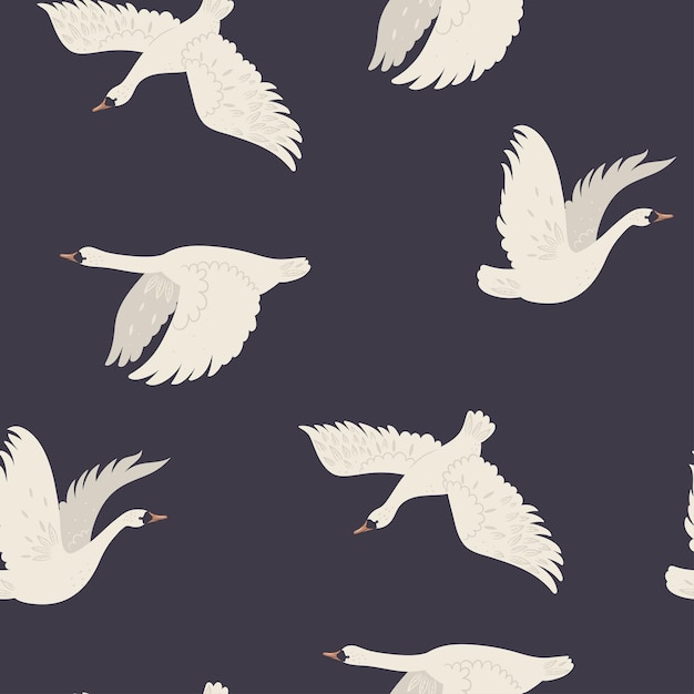 Seamless pattern with flying swans on a dark background