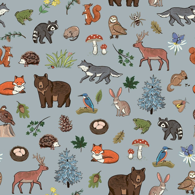 Vector seamless pattern with forest animals hand drawn vector illustration