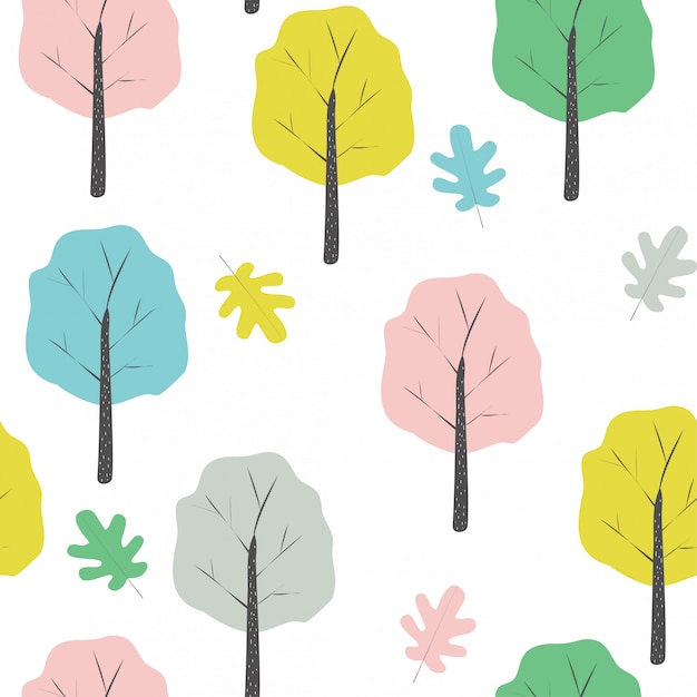 Seamless pattern with forest and colorful leaves