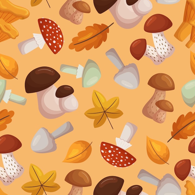 Seamless Pattern with Forest Mushrooms And Leaves Creating A Harmonious And Organic Design For Naturethemed Projects