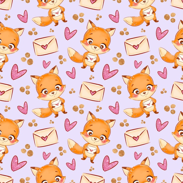 Seamless Pattern with fox and hearts