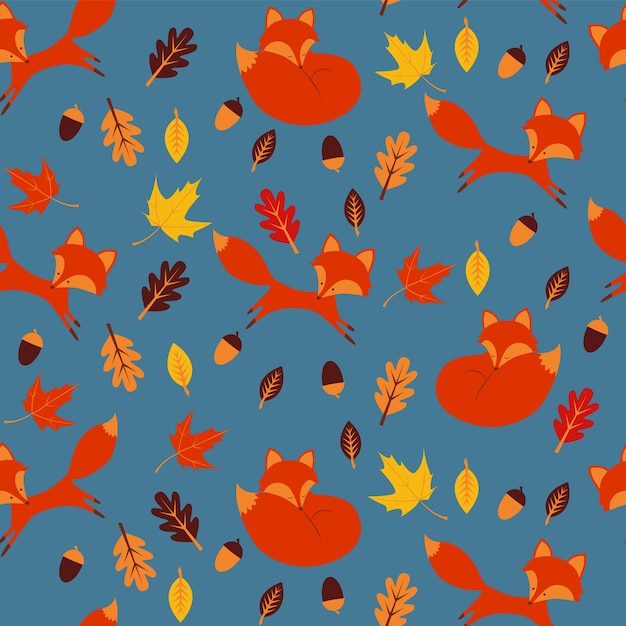 Seamless pattern with foxes, acorns and leaves.. 