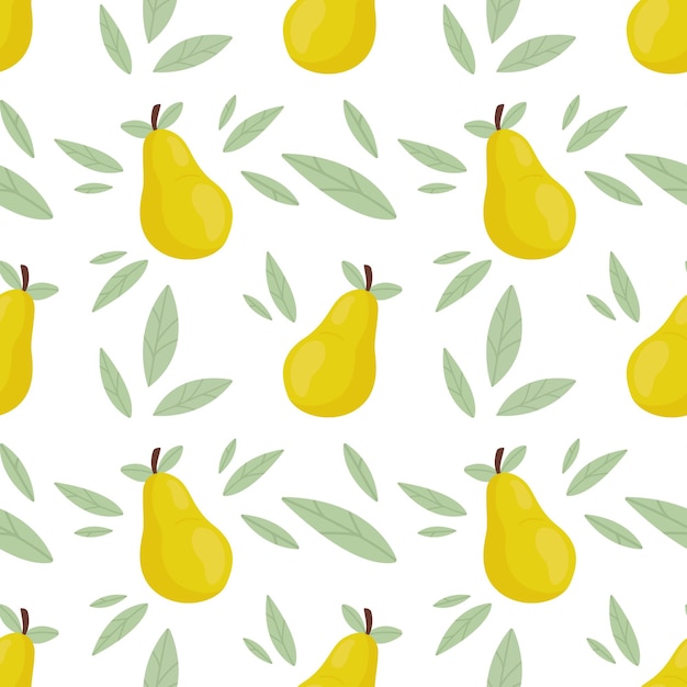 Seamless pattern with fresh cute green pears and leaves in flat style Cartoon vector illustration