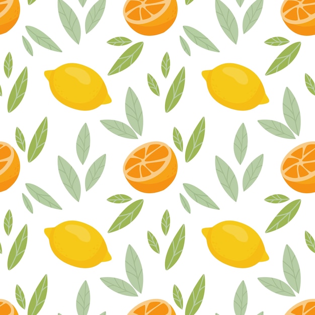 Seamless pattern with fresh cute lemon orange and leaves in flat style vector illustration